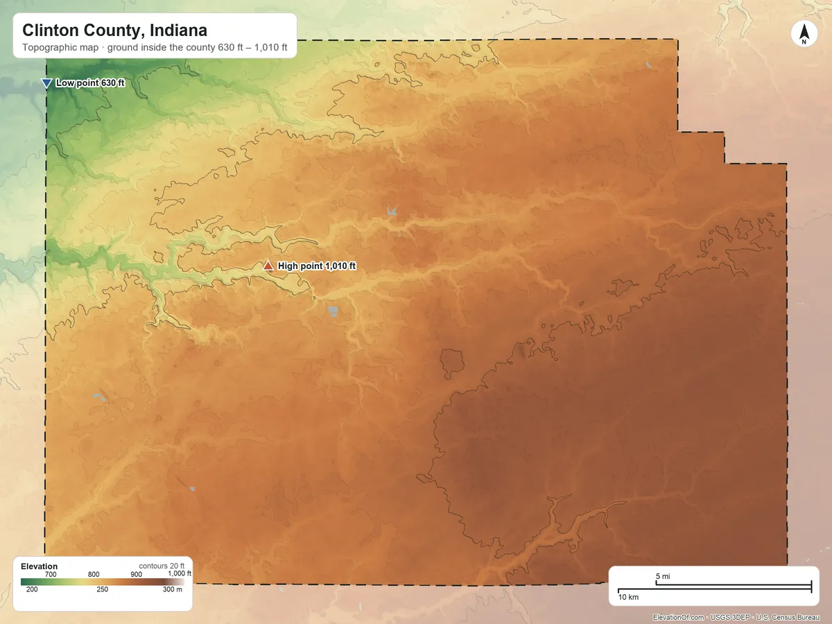 Topographic elevation map of Clinton County, Indiana, shaded from 630 ft on the northwest side to 1,010 ft on the west side