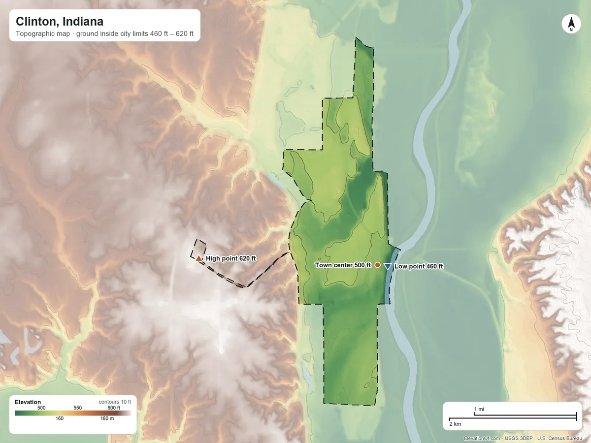 Topographic elevation map of Clinton, Indiana, shaded from 460 ft near the middle to 620 ft on the west side