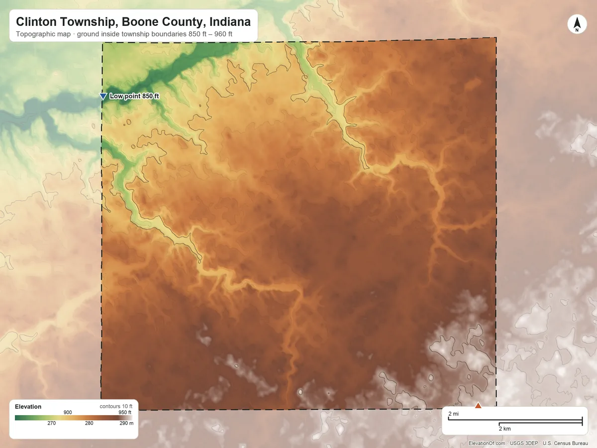 Topographic elevation map of Clinton Township, Boone County, Indiana, shaded from 850 ft on the northwest side to 960 ft on the southeast side