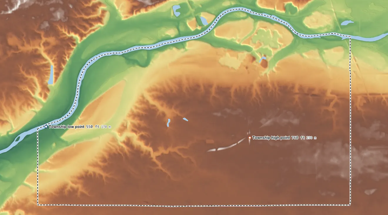 Topographic elevation map of Clinton Township, Cass County, Indiana, shaded from 550 ft on the west side to 760 ft on the south side