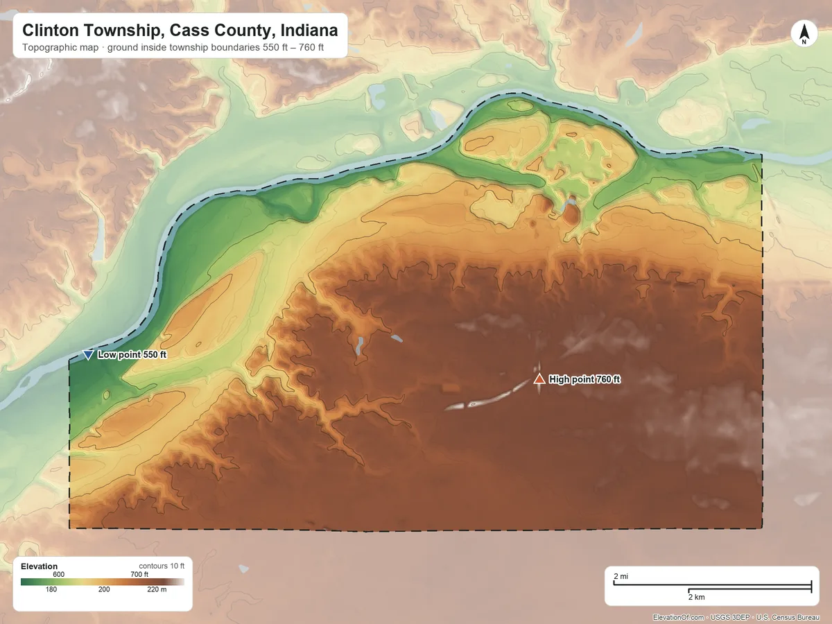 Topographic elevation map of Clinton Township, Cass County, Indiana, shaded from 550 ft on the west side to 760 ft on the south side