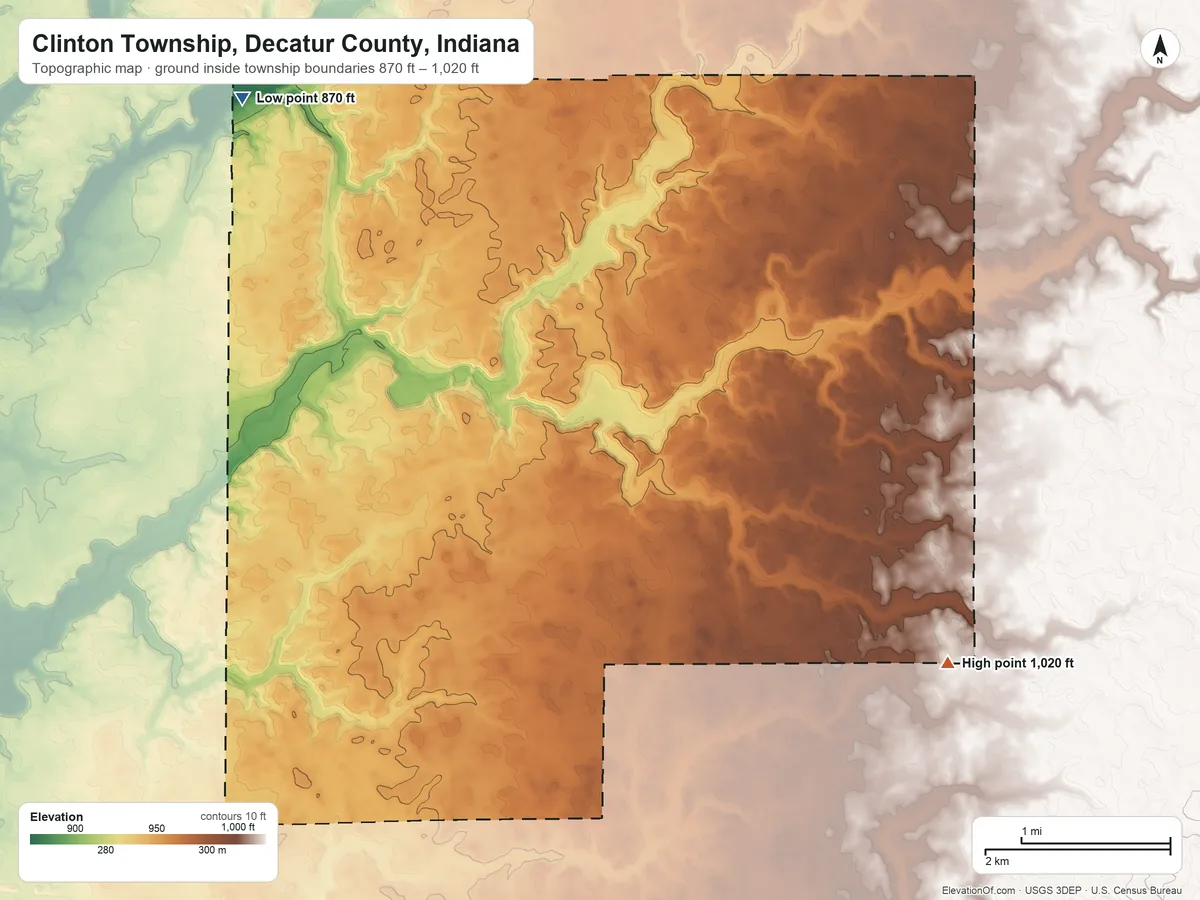 Topographic elevation map of Clinton Township, Decatur County, Indiana, shaded from 870 ft on the northwest side to 1,020 ft on the southeast side