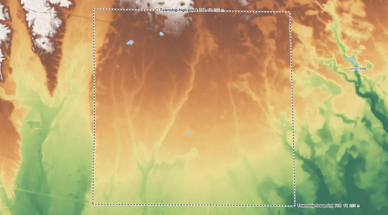 Topographic elevation map of Clinton Township, LaPorte County, Indiana, shaded from 710 ft on the southeast side to 790 ft on the north side