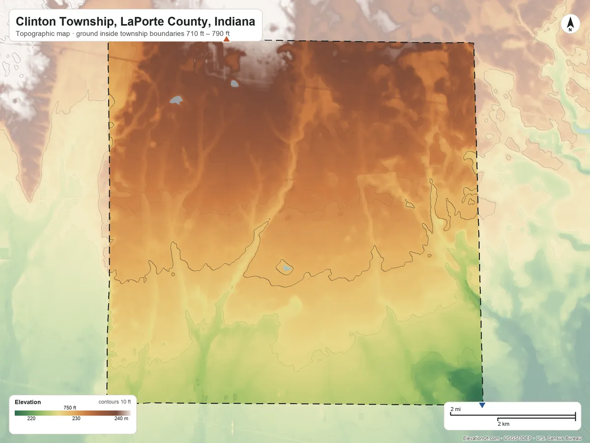 Topographic elevation map of Clinton Township, LaPorte County, Indiana, shaded from 710 ft on the southeast side to 790 ft on the north side