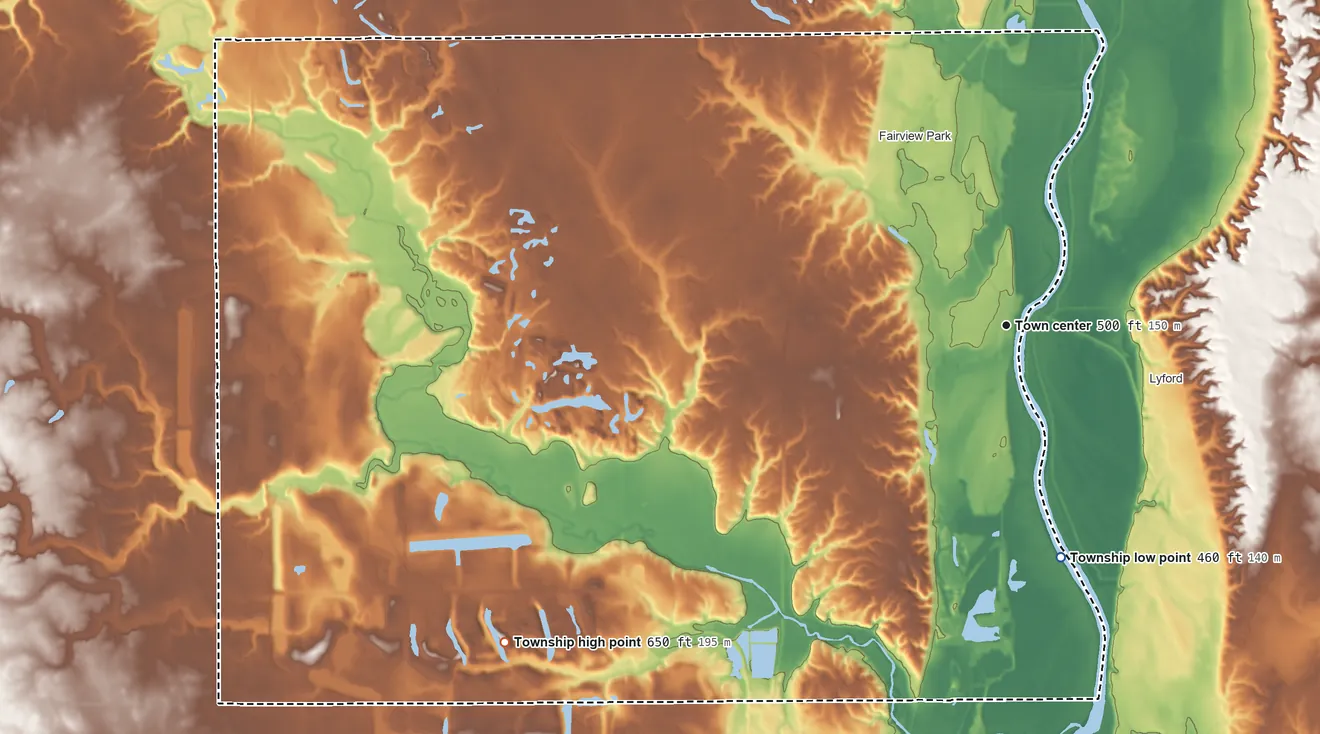 Topographic elevation map of Clinton Township, Indiana, shaded from 460 ft on the south side to 650 ft on the southwest side