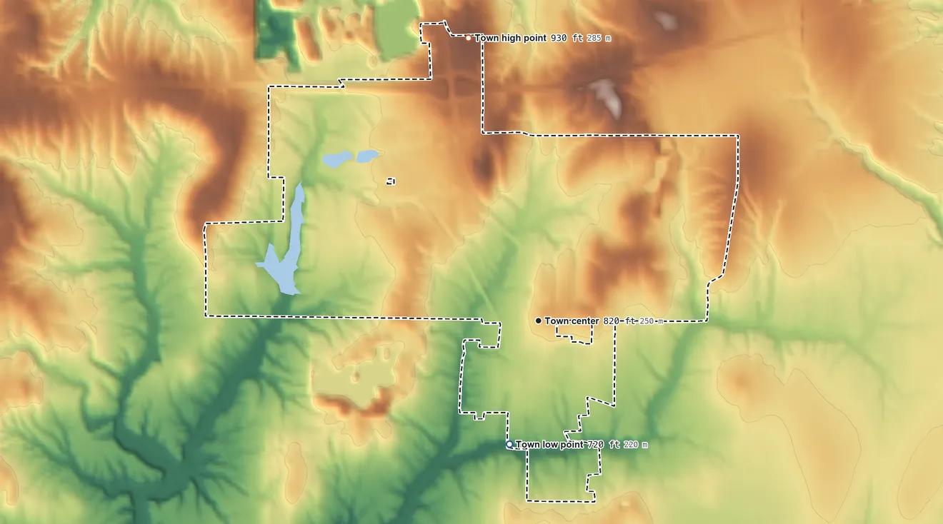 Topographic elevation map of Cloverdale, Indiana, shaded from 720 ft on the south side to 928 ft on McCoy Hill