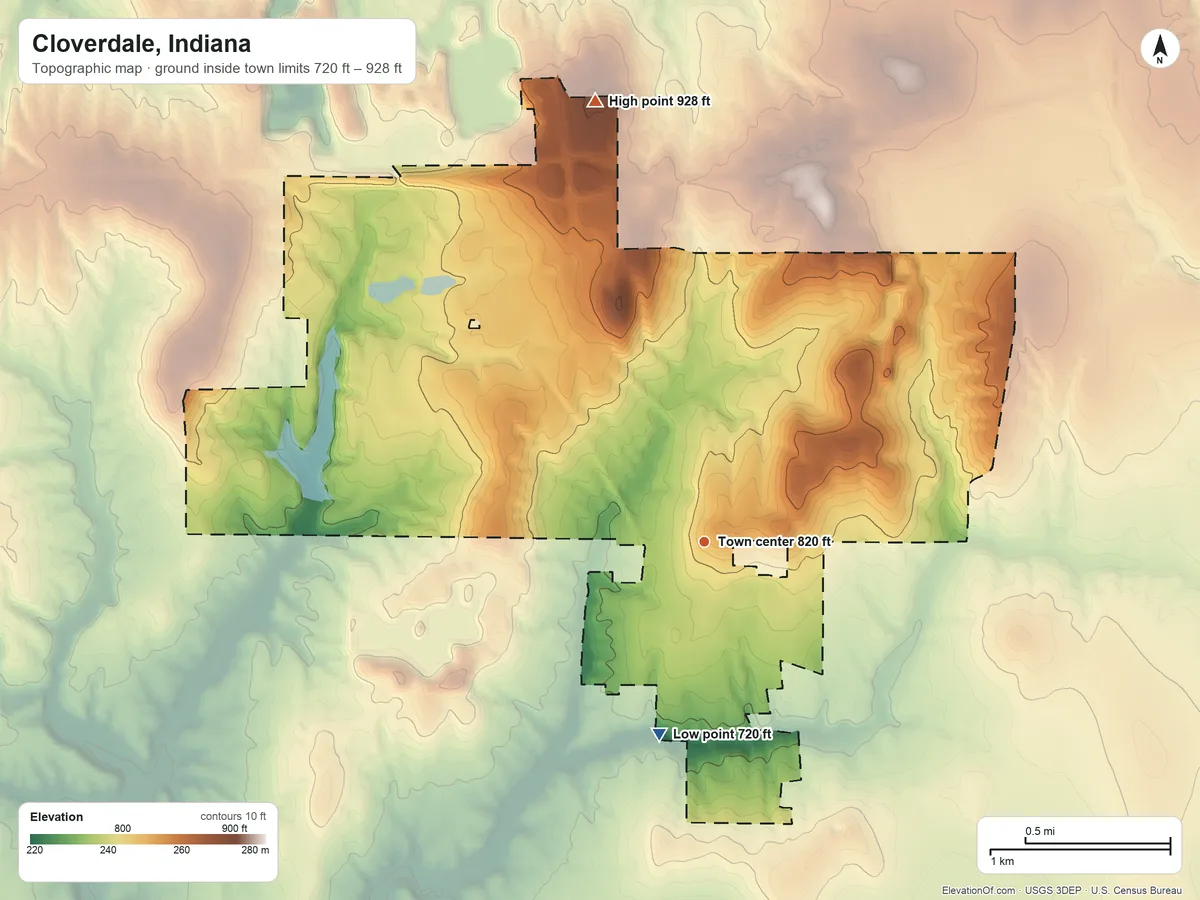 Topographic elevation map of Cloverdale, Indiana, shaded from 720 ft on the south side to 928 ft on McCoy Hill