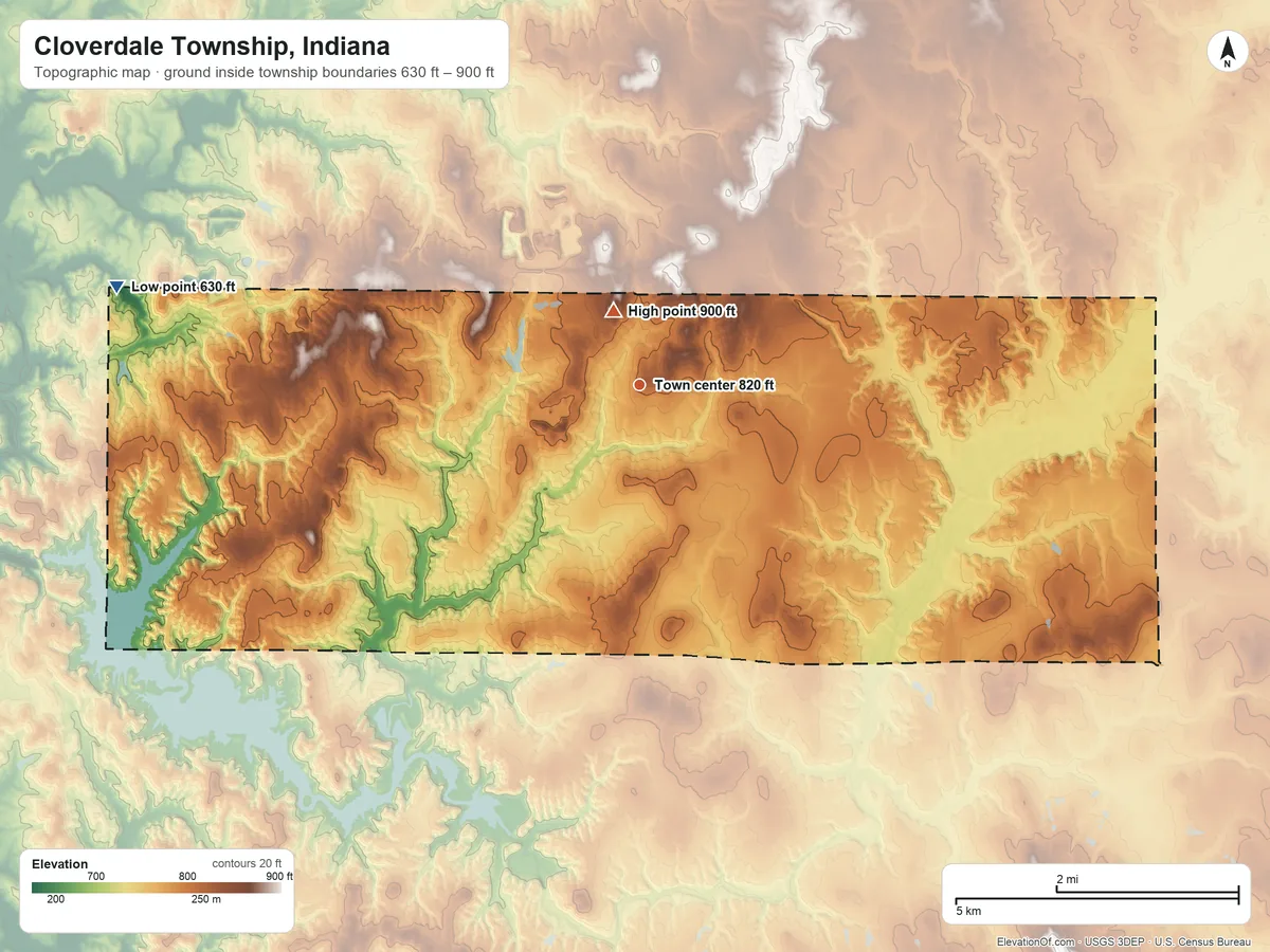 Topographic elevation map of Cloverdale Township, Indiana, shaded from 630 ft on the west side to 900 ft near the middle