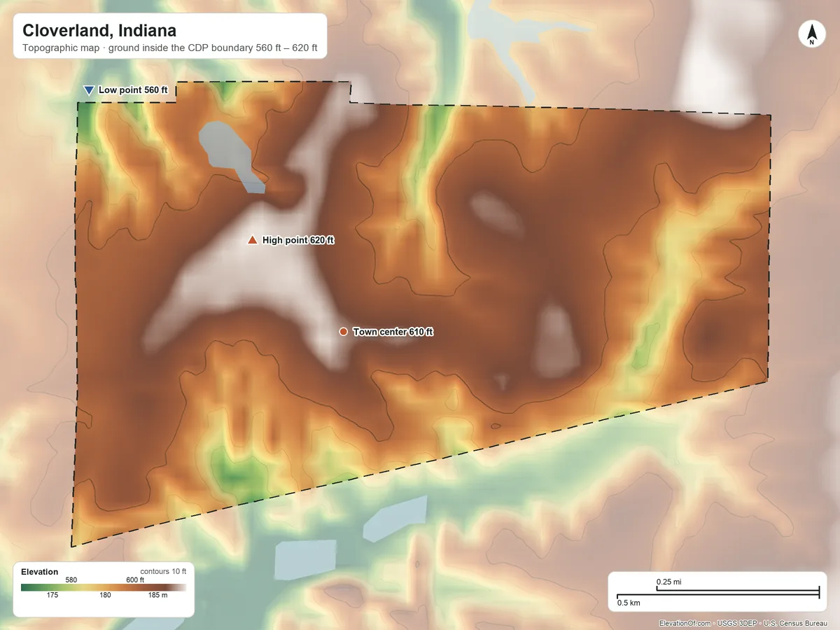 Topographic elevation map of Cloverland, Indiana, shaded from 560 ft on the northwest side to 620 ft on the northwest side