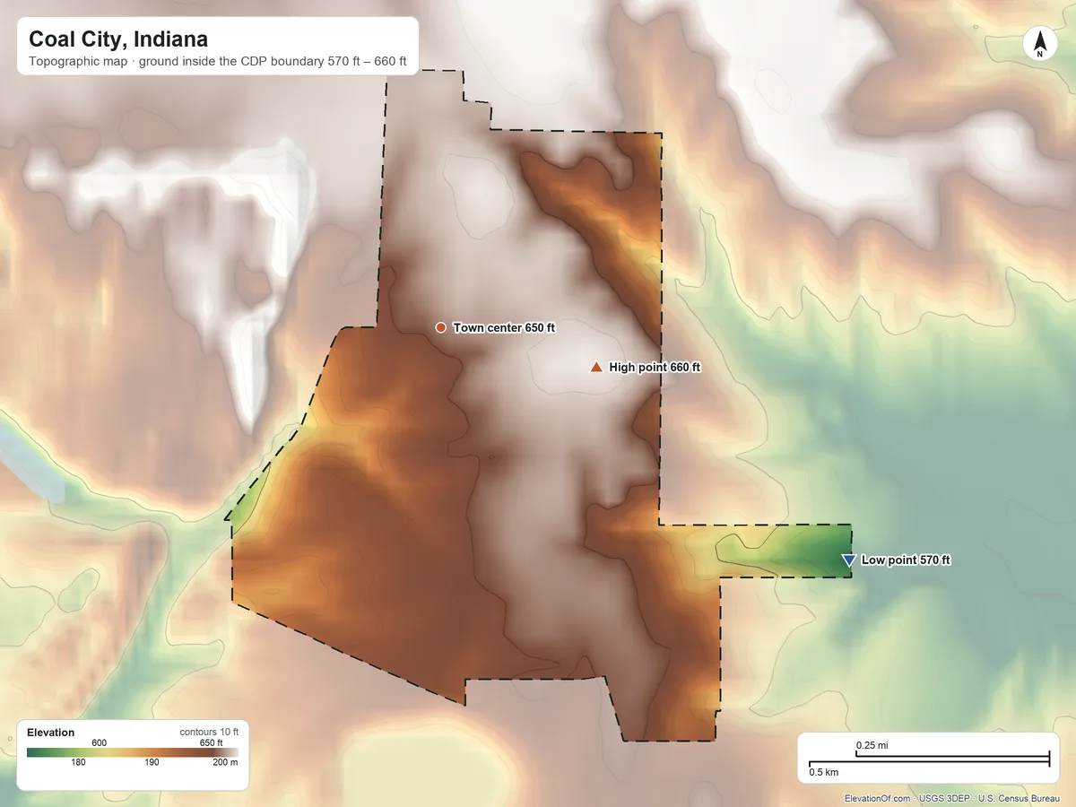Topographic elevation map of Coal City, Indiana, shaded from 570 ft on the southeast side to 660 ft on the east side