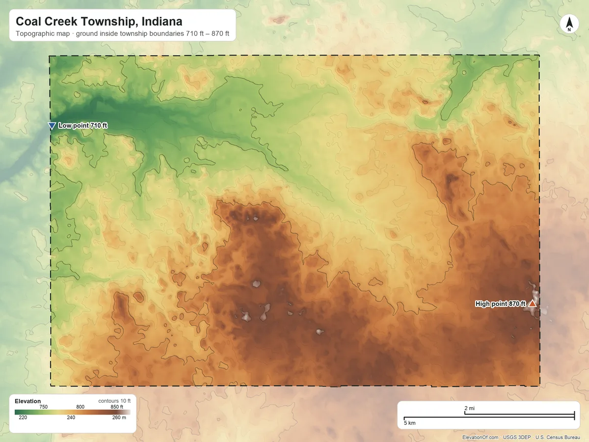 Topographic elevation map of Coal Creek Township, Indiana, shaded from 710 ft on the west side to 870 ft on the southeast side