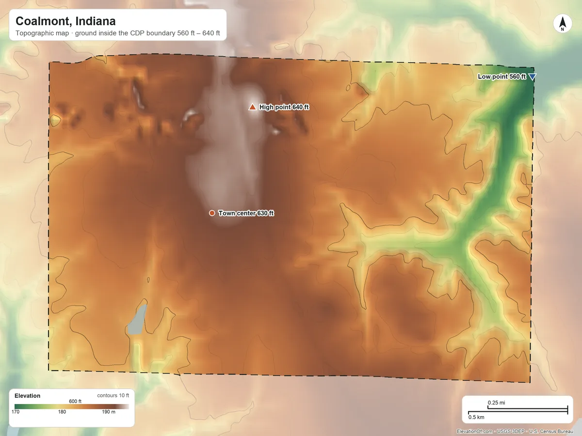 Topographic elevation map of Coalmont, Indiana, shaded from 560 ft on the northeast side to 640 ft on the north side