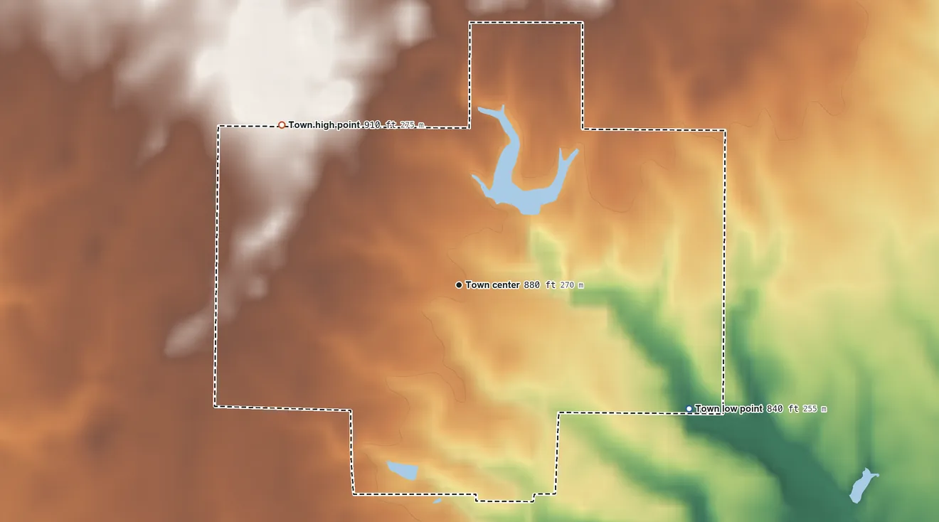 Topographic elevation map of Coatesville, Indiana, shaded from 840 ft on the southeast side to 910 ft on the northwest side