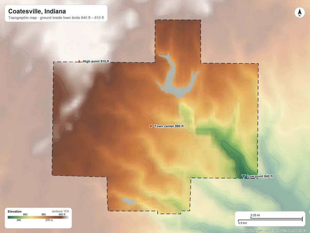 Topographic elevation map of Coatesville, Indiana, shaded from 840 ft on the southeast side to 910 ft on the northwest side