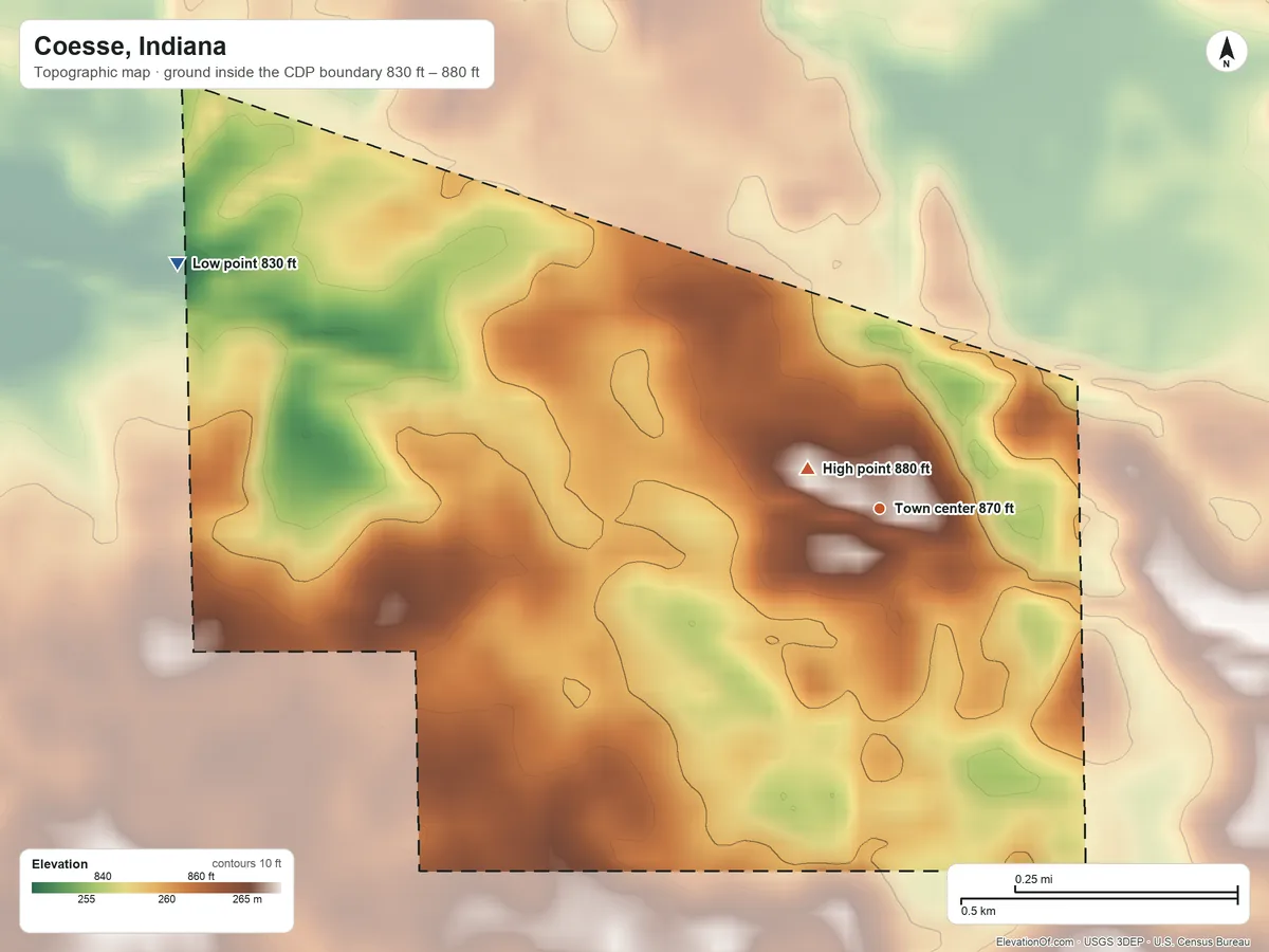 Topographic elevation map of Coesse, Indiana, shaded from 830 ft on the west side to 880 ft near the middle