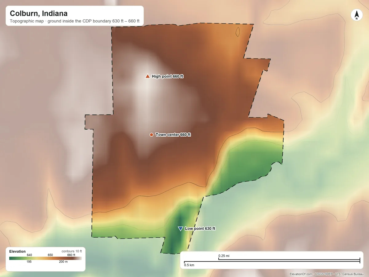 Topographic elevation map of Colburn, Indiana, shaded from 630 ft on the south side to 660 ft on the north side