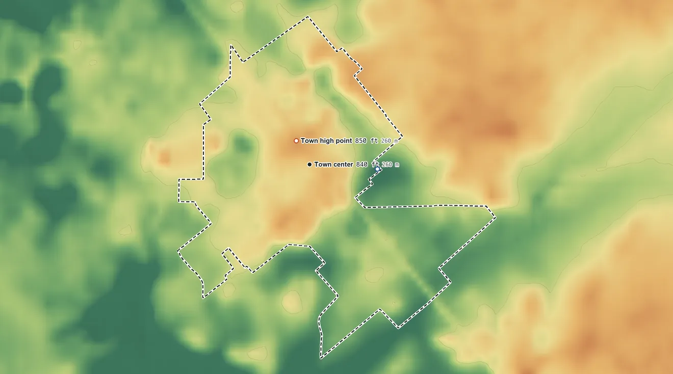 Topographic elevation map of Colfax, Indiana, shaded from 830 ft on the east side to 850 ft near the middle