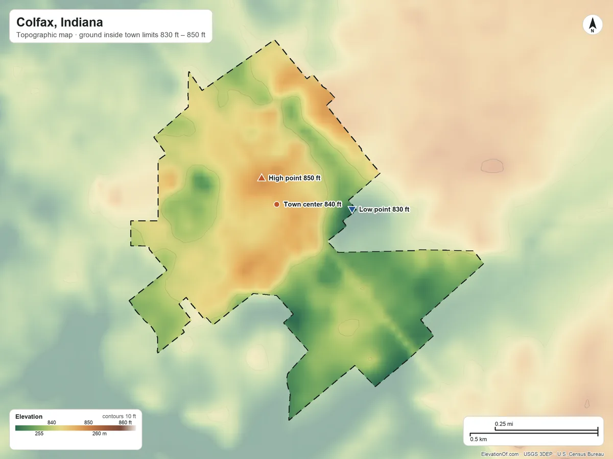 Topographic elevation map of Colfax, Indiana, shaded from 830 ft on the east side to 850 ft near the middle