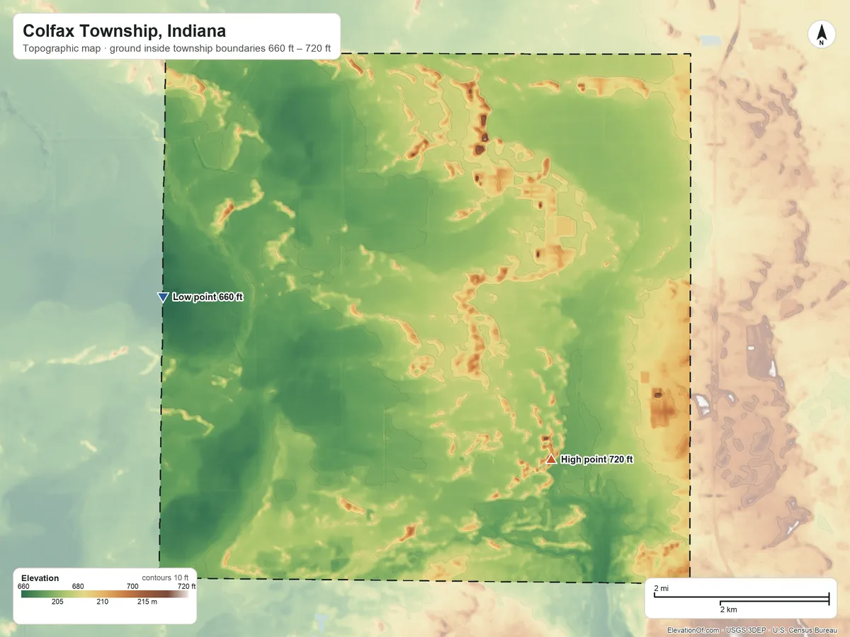 Topographic elevation map of Colfax Township, Indiana, shaded from 660 ft on the northwest side to 720 ft on the east side