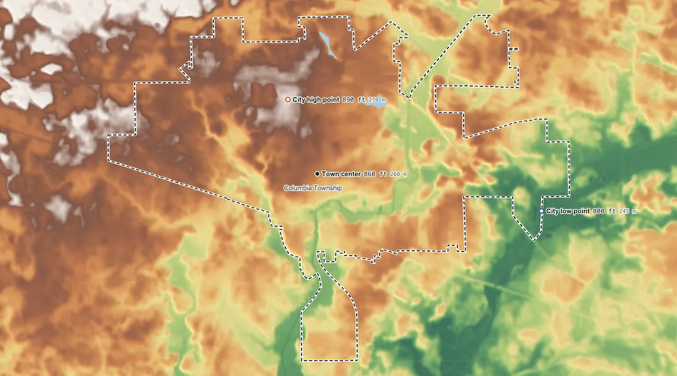 Topographic elevation map of Columbia City, Indiana, shaded from 800 ft on the east side to 890 ft on the north side