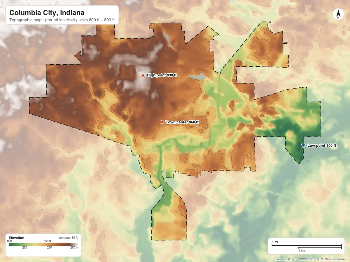 Topographic elevation map of Columbia City, Indiana, shaded from 800 ft on the east side to 890 ft on the north side
