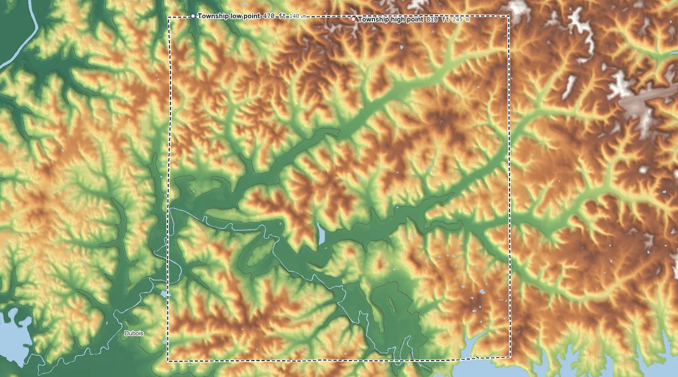 Topographic elevation map of Columbia Township, Dubois County, Indiana, shaded from 470 ft on the northwest side to 810 ft on the north side