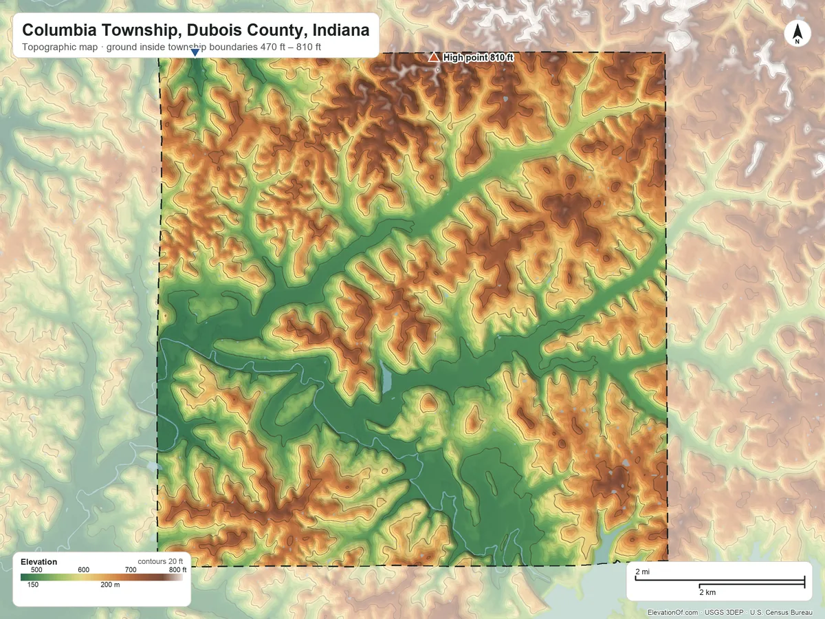 Topographic elevation map of Columbia Township, Dubois County, Indiana, shaded from 470 ft on the northwest side to 810 ft on the north side
