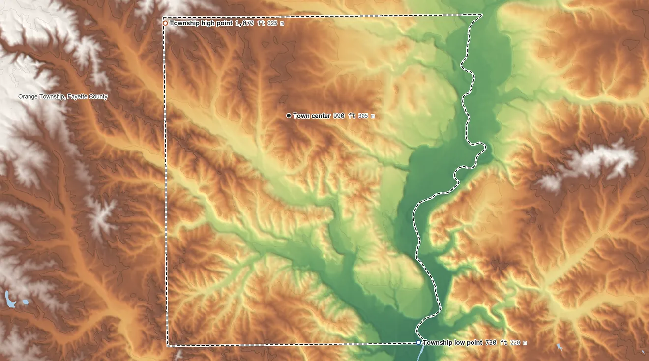 Topographic elevation map of Columbia Township, Fayette County, Indiana, shaded from 730 ft on the southeast side to 1,070 ft on the northwest side
