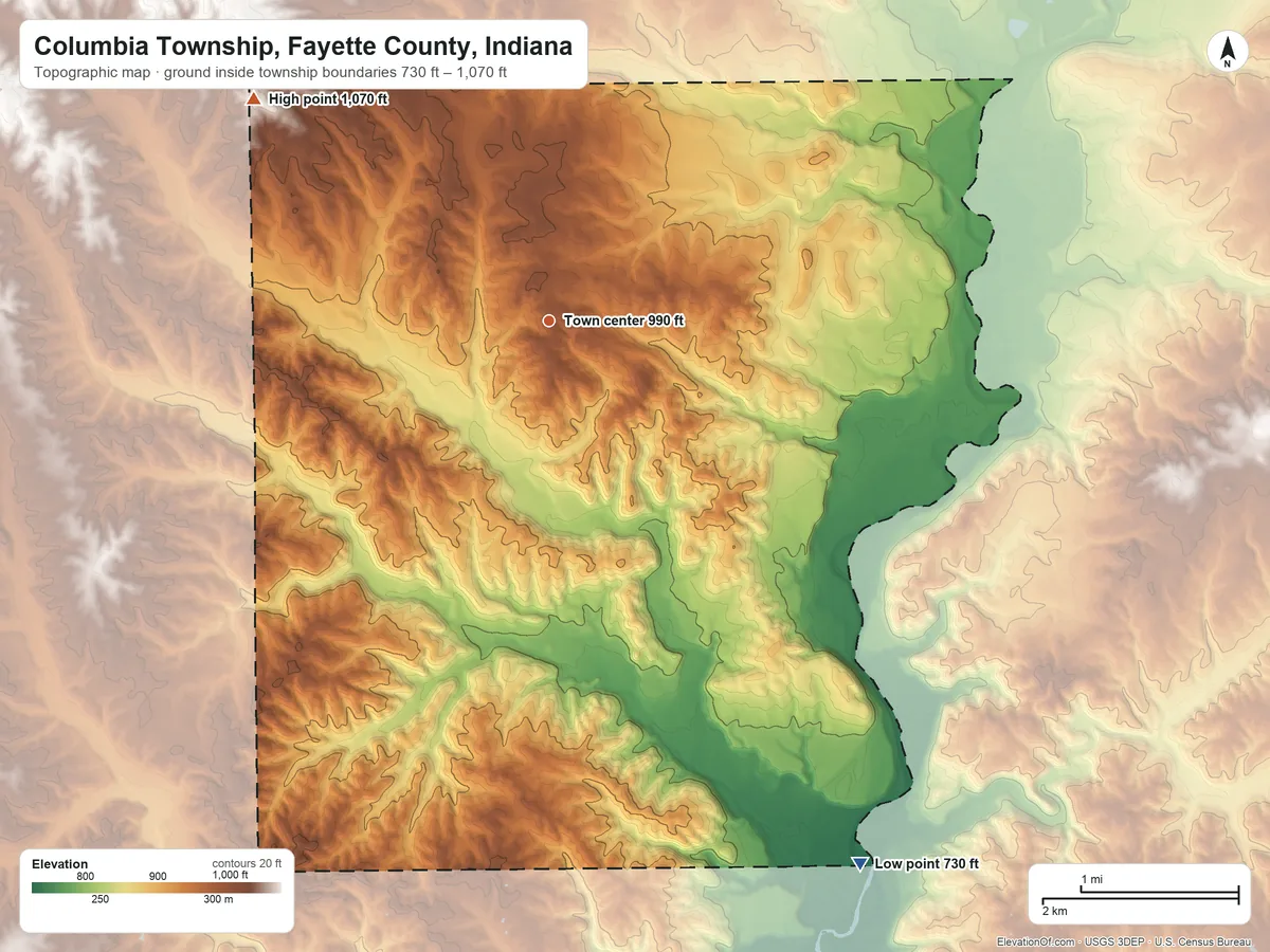 Topographic elevation map of Columbia Township, Fayette County, Indiana, shaded from 730 ft on the southeast side to 1,070 ft on the northwest side
