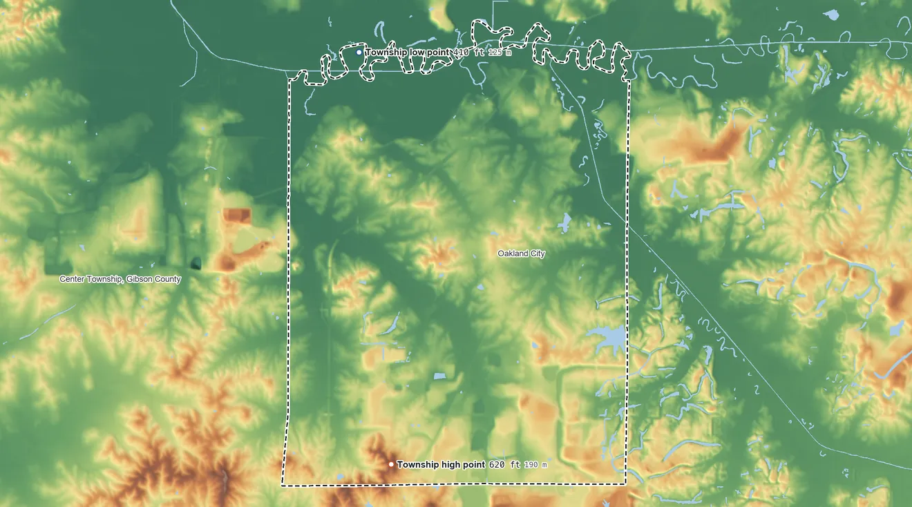 Topographic elevation map of Columbia Township, Gibson County, Indiana, shaded from 410 ft on the northwest side to 620 ft on Kennedy Hill