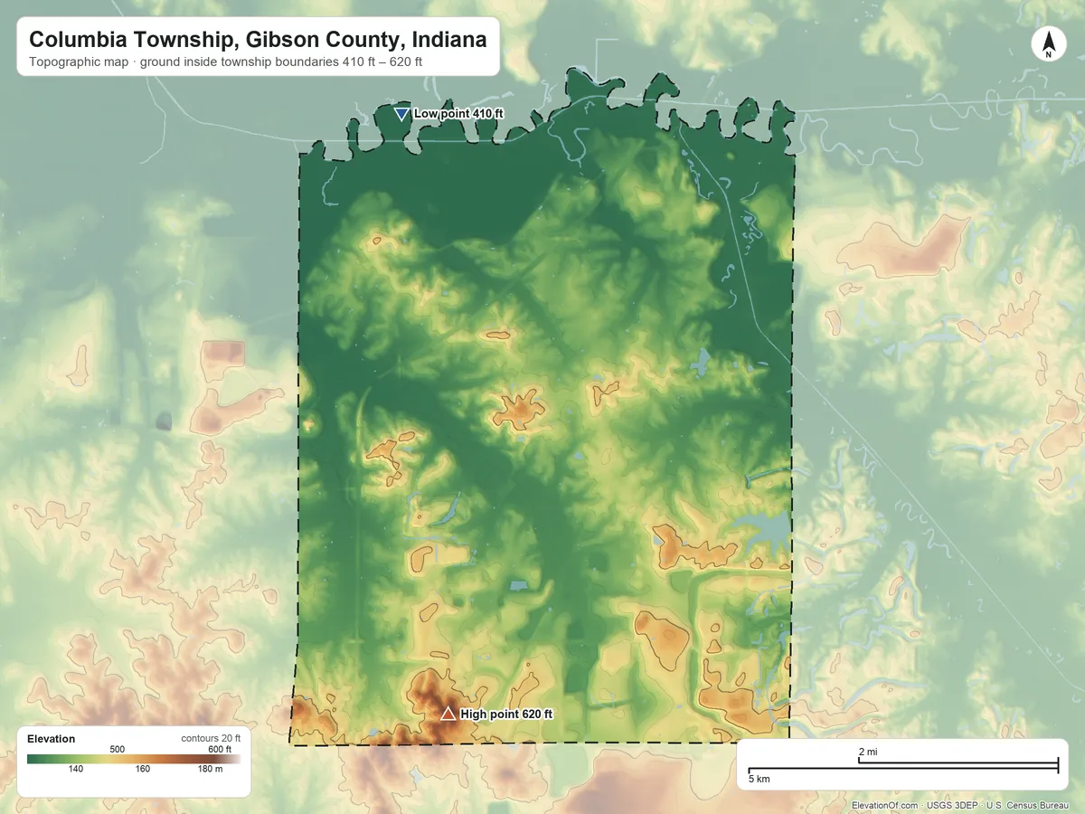 Topographic elevation map of Columbia Township, Gibson County, Indiana, shaded from 410 ft on the northwest side to 620 ft on Kennedy Hill