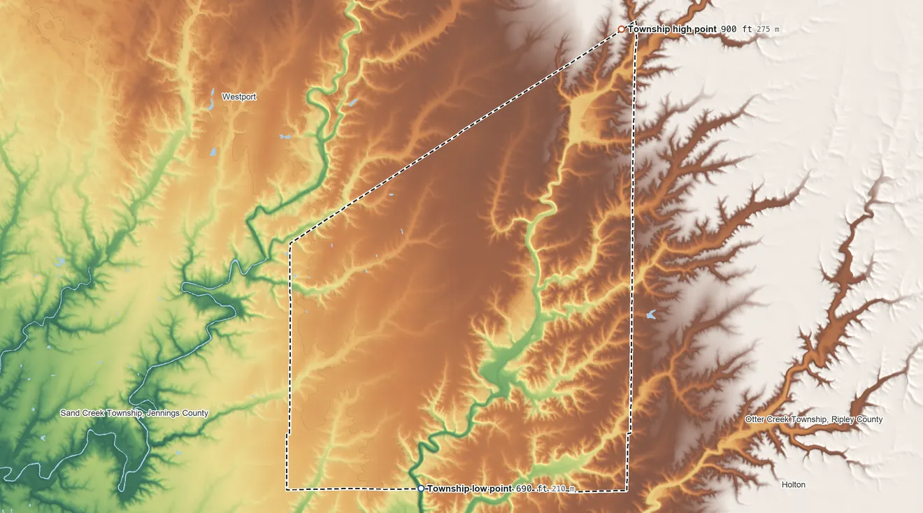 Topographic elevation map of Columbia Township, Jennings County, Indiana, shaded from 690 ft on the southwest side to 900 ft on the northeast side