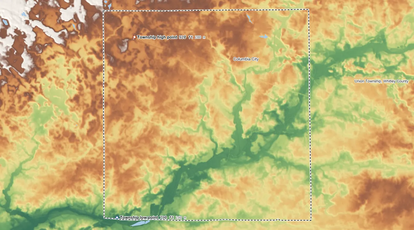 Topographic elevation map of Columbia Township, Indiana, shaded from 790 ft on the southwest side to 920 ft on the west side