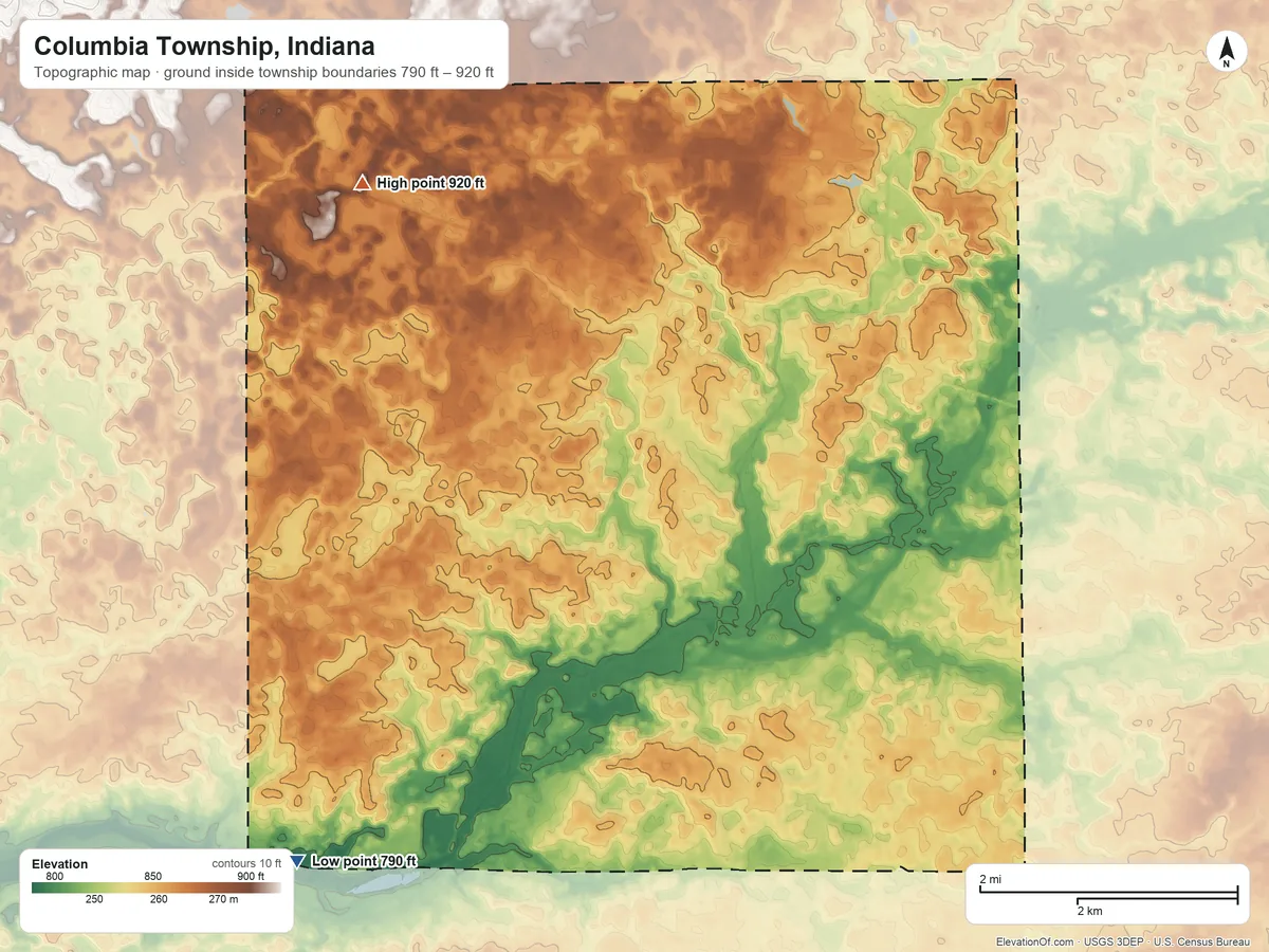Topographic elevation map of Columbia Township, Indiana, shaded from 790 ft on the southwest side to 920 ft on the west side