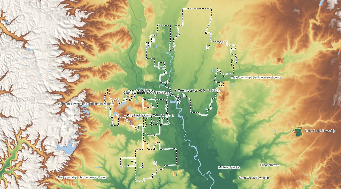 Topographic elevation map of Columbus, Indiana, shaded from 600 ft near the middle to 750 ft on the southwest side