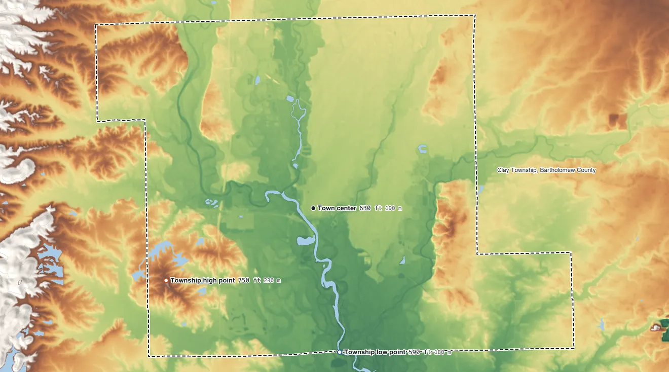 Topographic elevation map of Columbus Township, Indiana, shaded from 590 ft on the south side to 750 ft on the southwest side