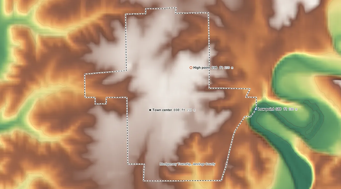 Topographic elevation map of Commiskey, Indiana, shaded from 600 ft on the east side to 690 ft on the northeast side