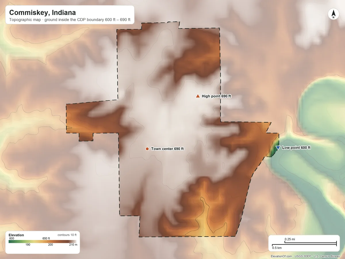 Topographic elevation map of Commiskey, Indiana, shaded from 600 ft on the east side to 690 ft on the northeast side