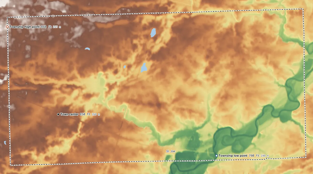 Topographic elevation map of Concord Township, DeKalb County, Indiana, shaded from 790 ft on the east side to 860 ft on the northwest side