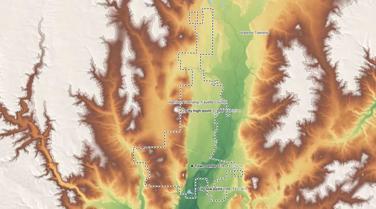 Topographic elevation map of Connersville, Indiana, shaded from 780 ft on the south side to 1,000 ft on the north side