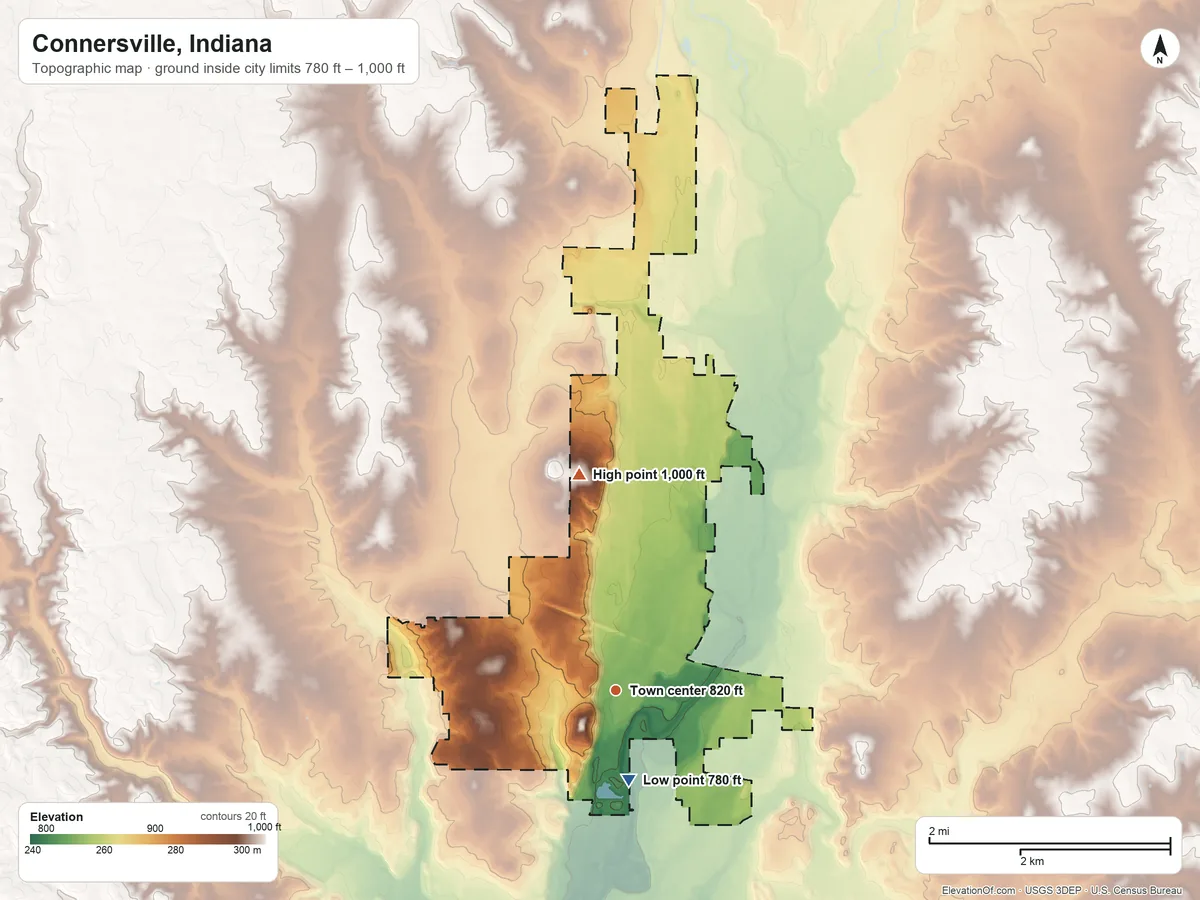 Topographic elevation map of Connersville, Indiana, shaded from 780 ft on the south side to 1,000 ft on the north side