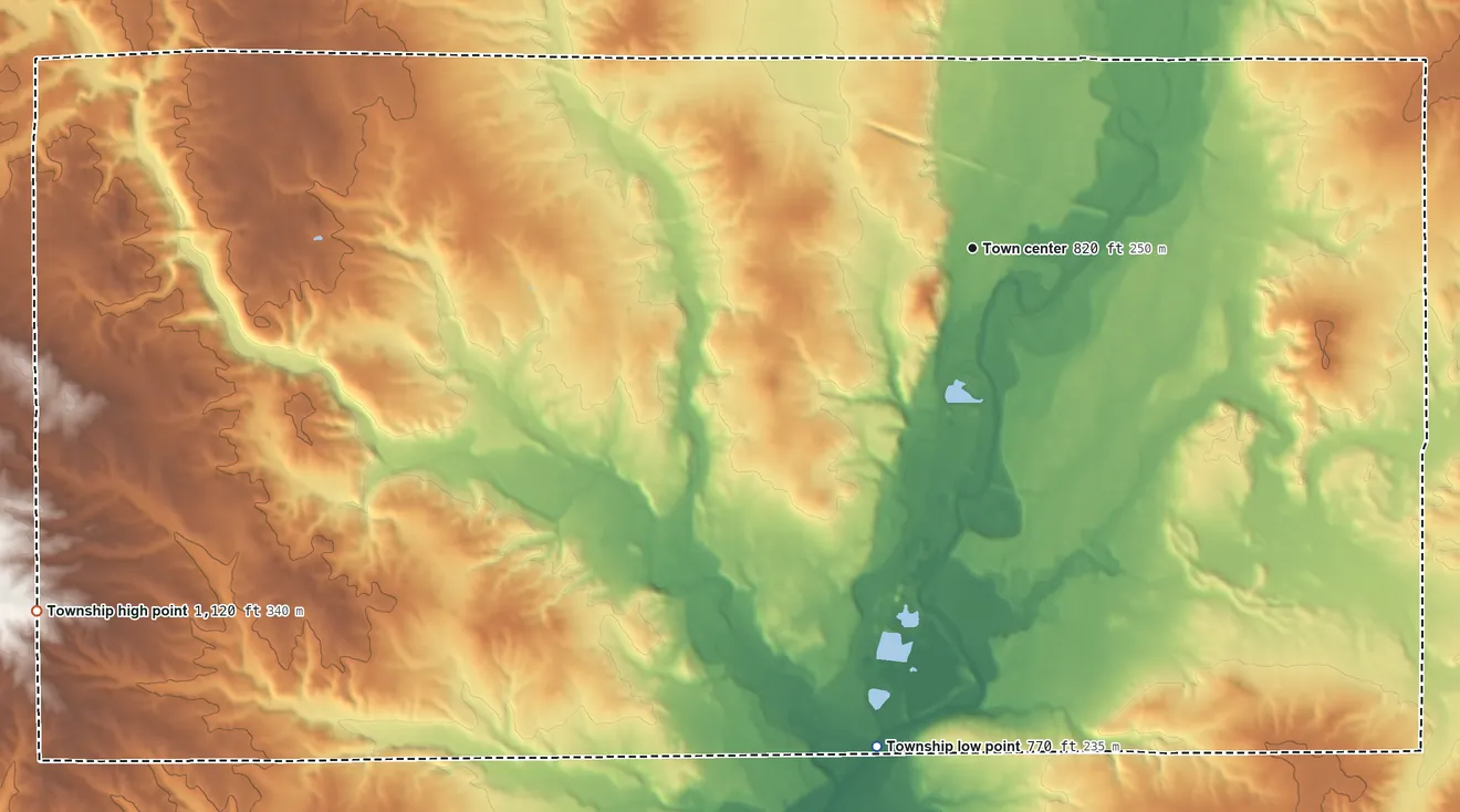 Topographic elevation map of Connersville Township, Indiana, shaded from 770 ft on the south side to 1,120 ft on the west side
