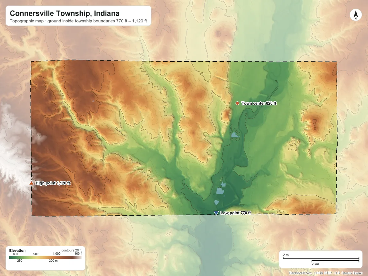 Topographic elevation map of Connersville Township, Indiana, shaded from 770 ft on the south side to 1,120 ft on the west side
