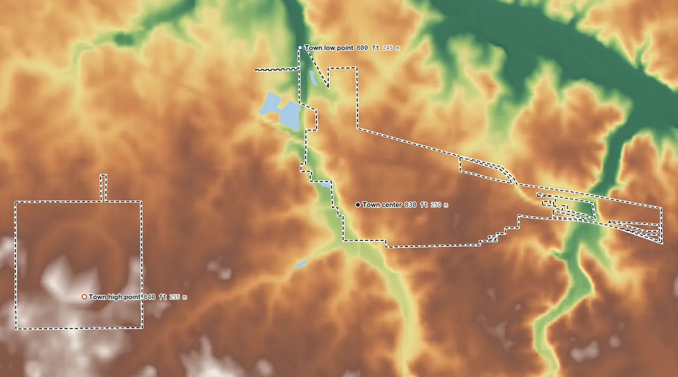 Topographic elevation map of Converse, Indiana, shaded from 800 ft on the north side to 840 ft on the west side