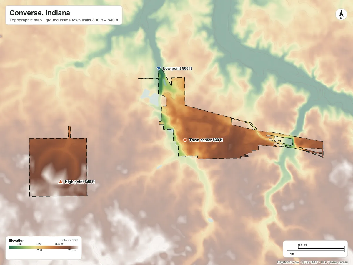 Topographic elevation map of Converse, Indiana, shaded from 800 ft on the north side to 840 ft on the west side