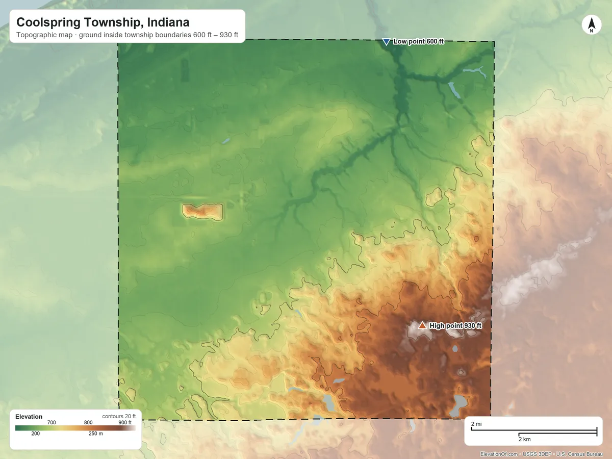 Topographic elevation map of Coolspring Township, Indiana, shaded from 600 ft on the northeast side to 930 ft on the southeast side