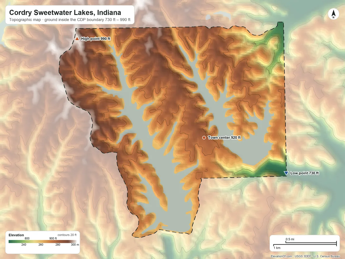 Topographic elevation map of Cordry Sweetwater Lakes, Indiana, shaded from 730 ft on the southeast side to 990 ft on the northwest side
