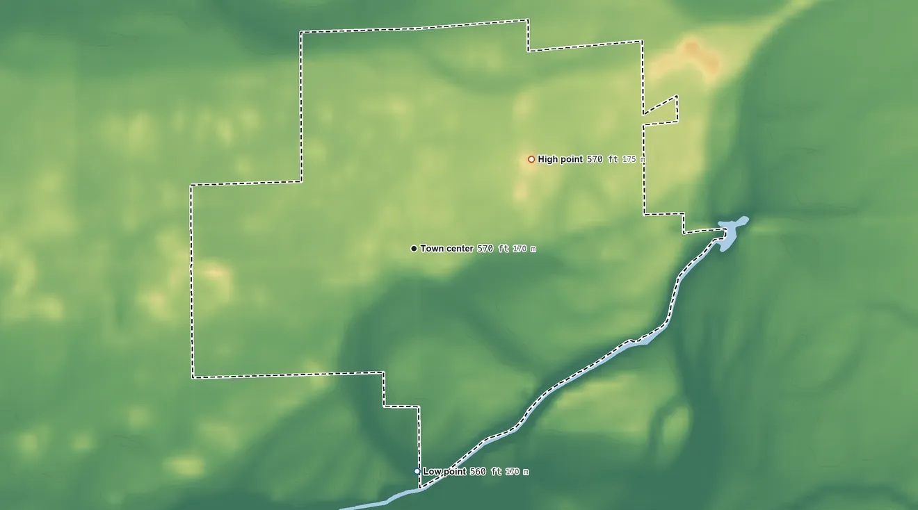 Topographic elevation map of Cortland, Indiana, shaded from 560 ft on the south side to 570 ft on the northeast side