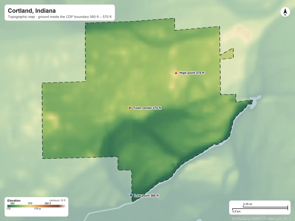 Topographic elevation map of Cortland, Indiana, shaded from 560 ft on the south side to 570 ft on the northeast side