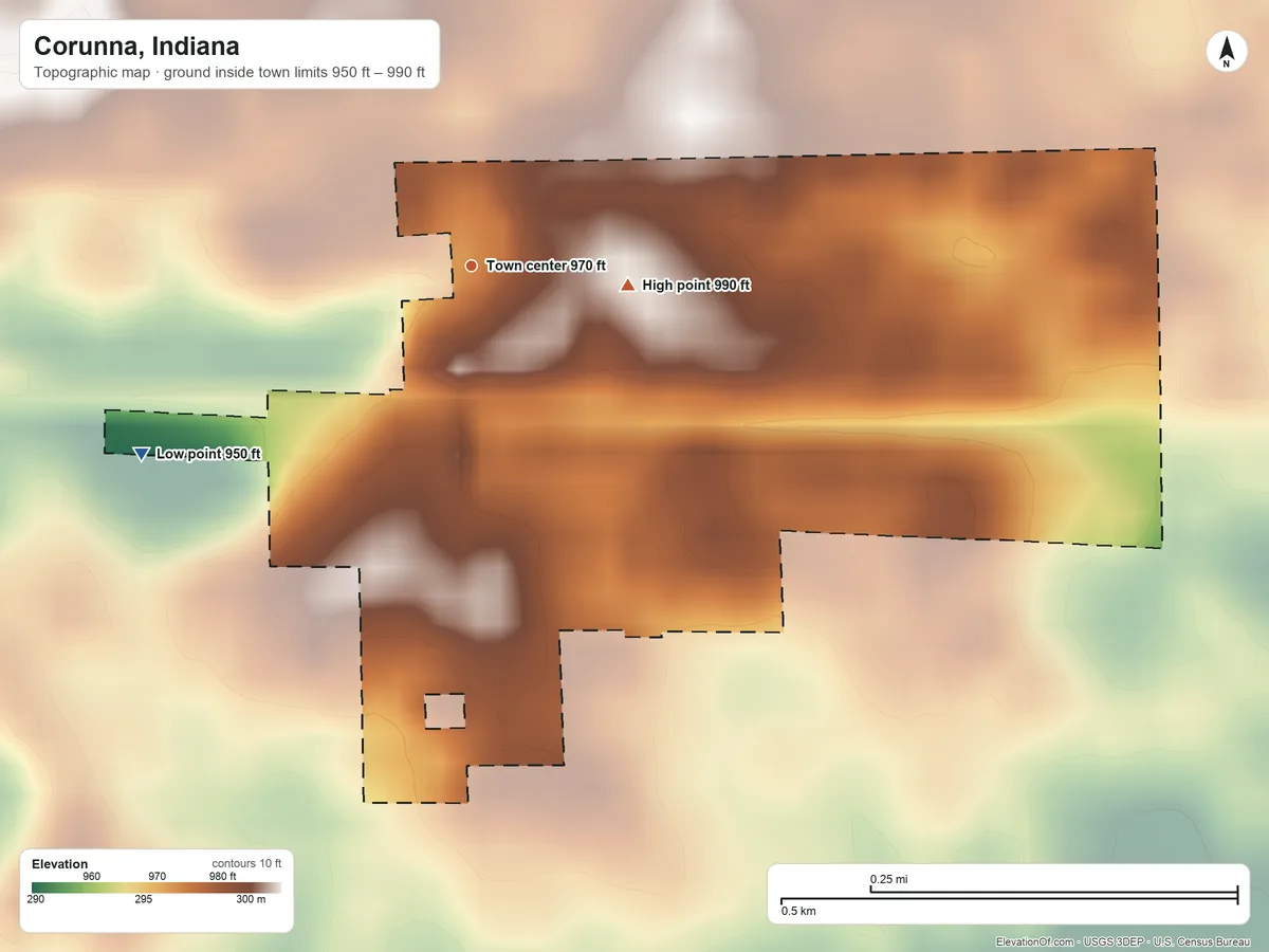 Topographic elevation map of Corunna, Indiana, shaded from 950 ft on the southwest side to 990 ft on the east side